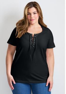 Plus Size Women's Lacing Detail Tunic Tee by Avenue in Black (Size 14)