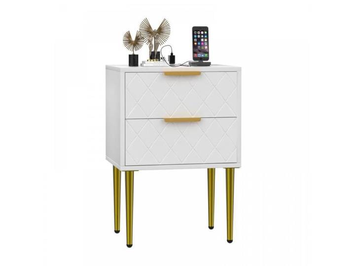 KEDIA Table de Chevet 40x30x56cm Avec Prise de Courant Avec 2 Tiroirs Blanc Table de Nuit avec Pieds Dorés pour Salon