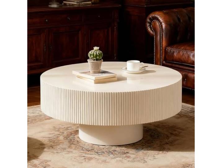 WUPDPQS 30 Zoll Runder Geriffelter Couchtisch, B Für Wohnzimmer, Spritzlackierung, Mitte Jahrhunderts Modernes Trommelstil, Wohnzimmertisch Für Wohnungen Zuhause