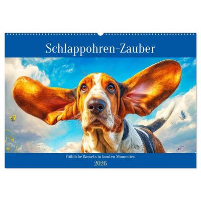 Schlappohren-Zauber. Fröhliche Bassets in bunten Momenten (Wandkalender 2026 DIN A2 quer), CALVENDO Monatskalender