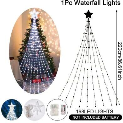Evergreen Home Goods Pentagram Fairy Lamp, Waterproof Christmas Decorations, Led Waterfall Tree Light, Camping Holiday String Lights white battery