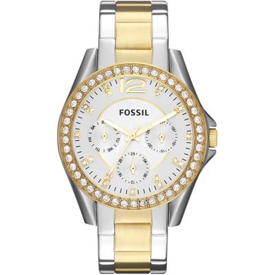 Multifunktionsuhr FOSSIL "RILEY", silber (silberfarben, goldfarben, silberfarben), Armbanduhren, Damen, silberfarben-goldfarben, Quarzuhr, Armbanduhr, Damenuhr, Datum, Edelstahlarmband, Glassteine