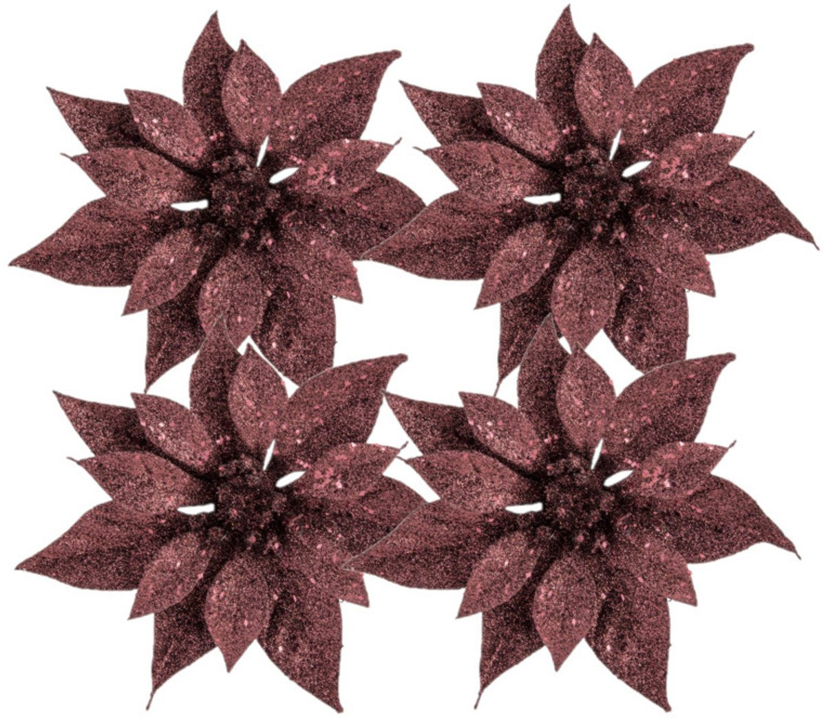 Set van 4 donkerrode kerstster ornamenten met clip voor kerstboomversiering, 18 cm