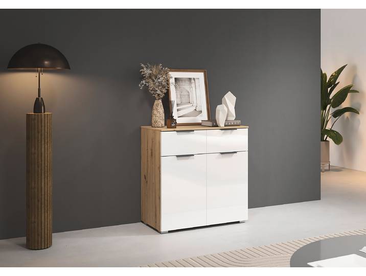 Kommode mit Türen 80cm Holz/Weiß/Hochglanz Weiß/Eiche Artisan Dekor Grau