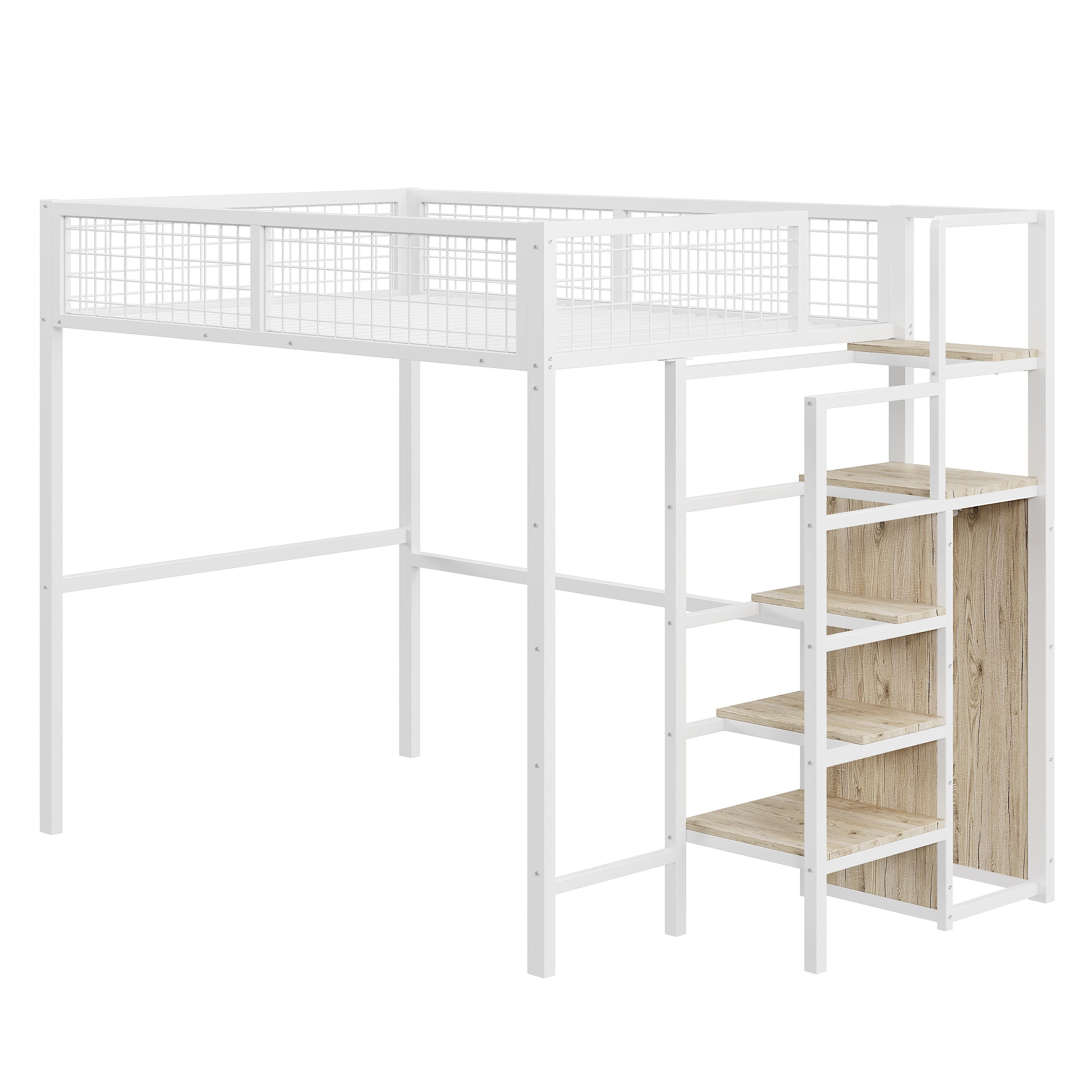 Hochbett 140*200 mit Leiter, Kinderbett mit Eisenrahmen und Aufbewahrungsregal, Kleiderschrank
