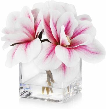 Enova Home Artificial Real Touch Magnolia Faux Flowers Arrangement in Cube Glass Vase with Faux Water Home Wedding Decoration