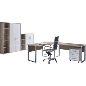 BMG-Möbel Büromöbel-Set Office Edition Set 4, Schreibtisch, 2 Schränke & 2 Regale, eiche / weiß