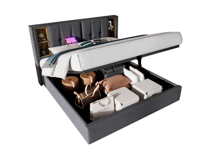 Okmyhome Polsterbett 140/200 cm Grau aus Baumwolle mit Stauraum, Rechteckig, 140x200 cm, Schlafzimmer, Betten, Polsterbetten