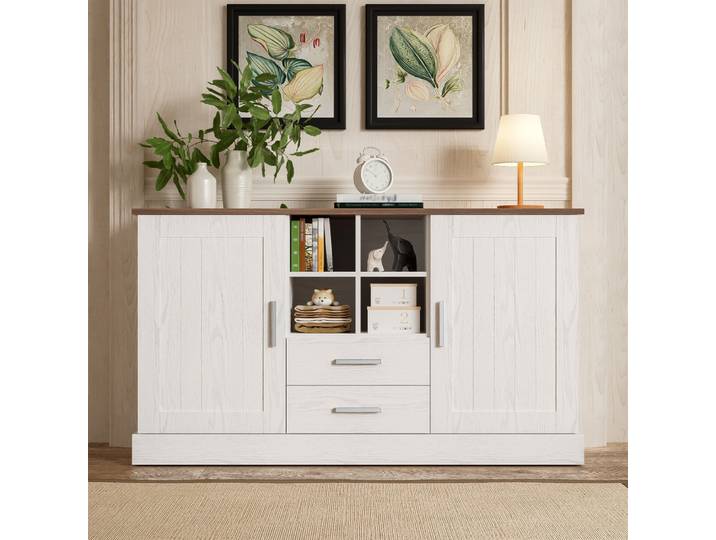 Buffet moderne minimaliste PINGGO blanc et grain de bois brun, 2 portes, 2 tiroirs, grand espace de rangement pour salon