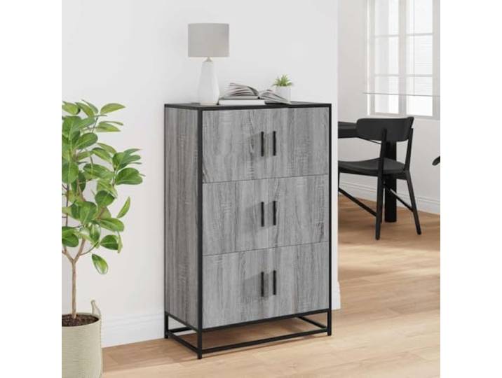 KTHLBRH Sideboard Grau Sonoma 68x35x106,5 cm Spanplatte Metall 3 Fächer, 90 kg Fassungsvermögen, praktische Griffe, inkl. Wandbefestigung