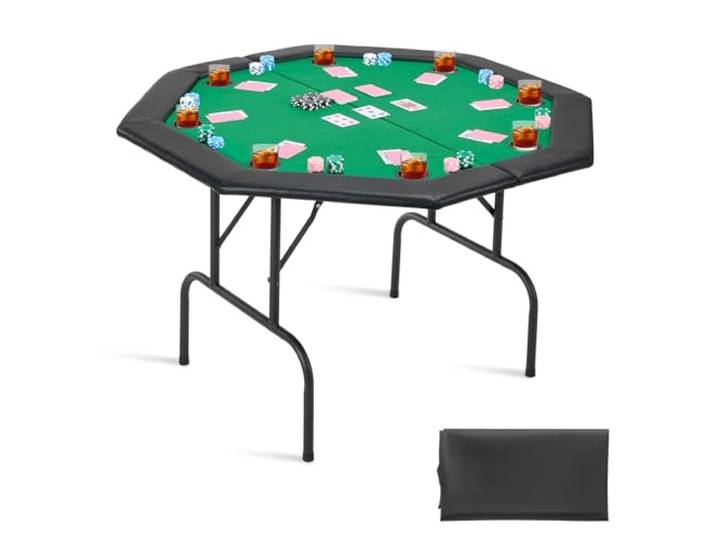 VEVOR klappbarer Pokertisch für 8 Spieler (126 cm) Kasino-Freizeittisch mit gepolsterten Schienen & Getränkehaltern, achteckige tragbare Spieltische mit Filz- und Metallbeinen, Texas Hold’em Poker