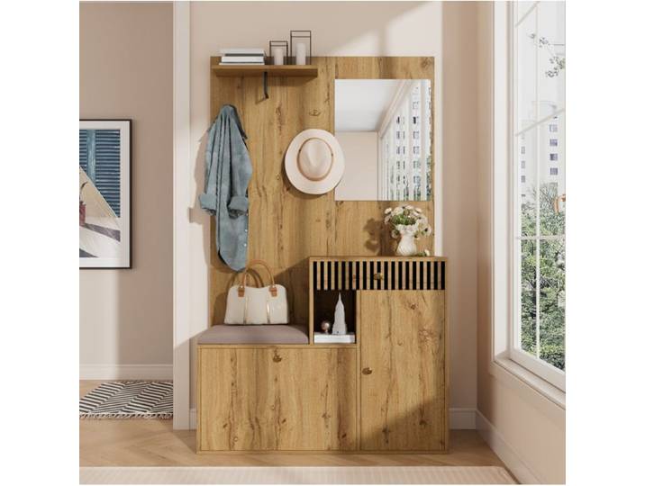 Meuble d'entrée vestiaire avec miroir assise rembourrée et range-chaussures MDF 110 x 37 x 185 5 cm Grjofek