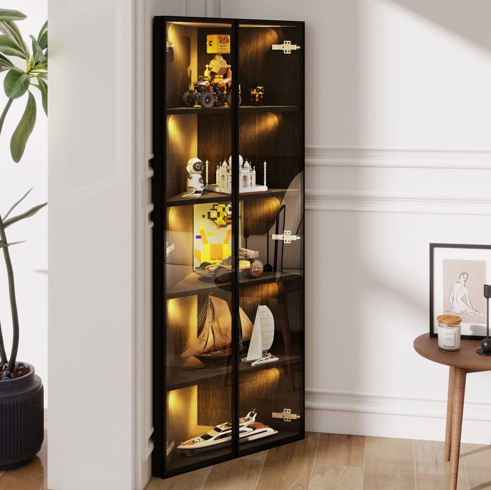 MODFU Vitrine d angle 62x35x160 cm avec led et 2 portes en verre, noir Noir 62x160x35cm