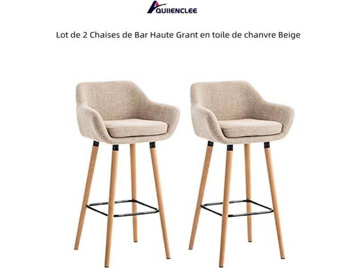 QUIIENCLEE Lot de 2 Chaises de Bar Haute Grant en toile de chanvre Beige 55 x 45 x 104 cm