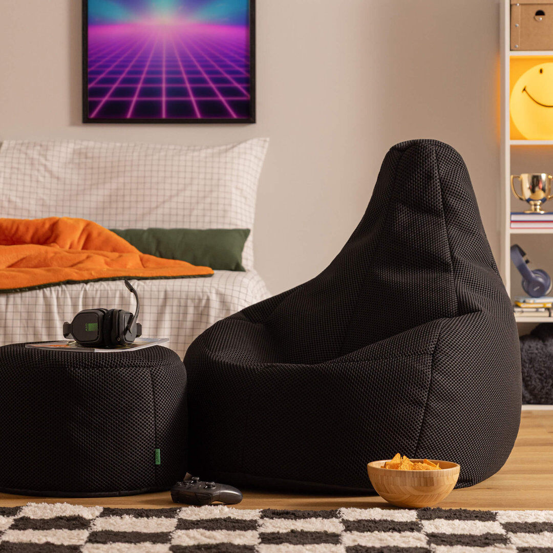 icon Gaming Performance Mesh Recliner Bean Bag and Footstool, Midnight Black Black 85" H x 84" W x 87" D D