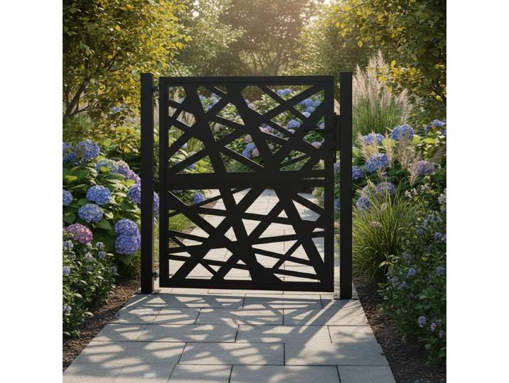 Portail de jardin noir 100x100 cm en acier design, décoratif, découpé au laser avec 3 clés. Barrière de jardin en acier Corten.