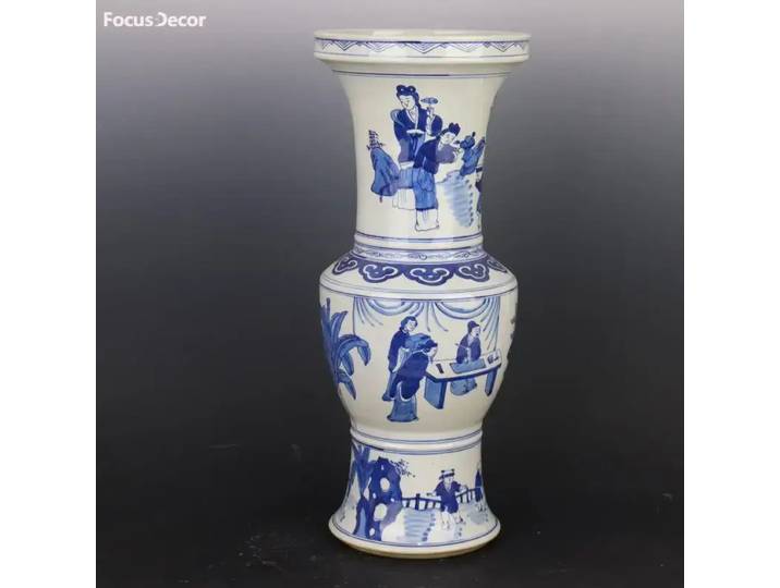 Vase en céramique asiatique, figurine bleue et blanche, Vase à fleurs en porcelaine peinte à la main, Style chinois pour la maison