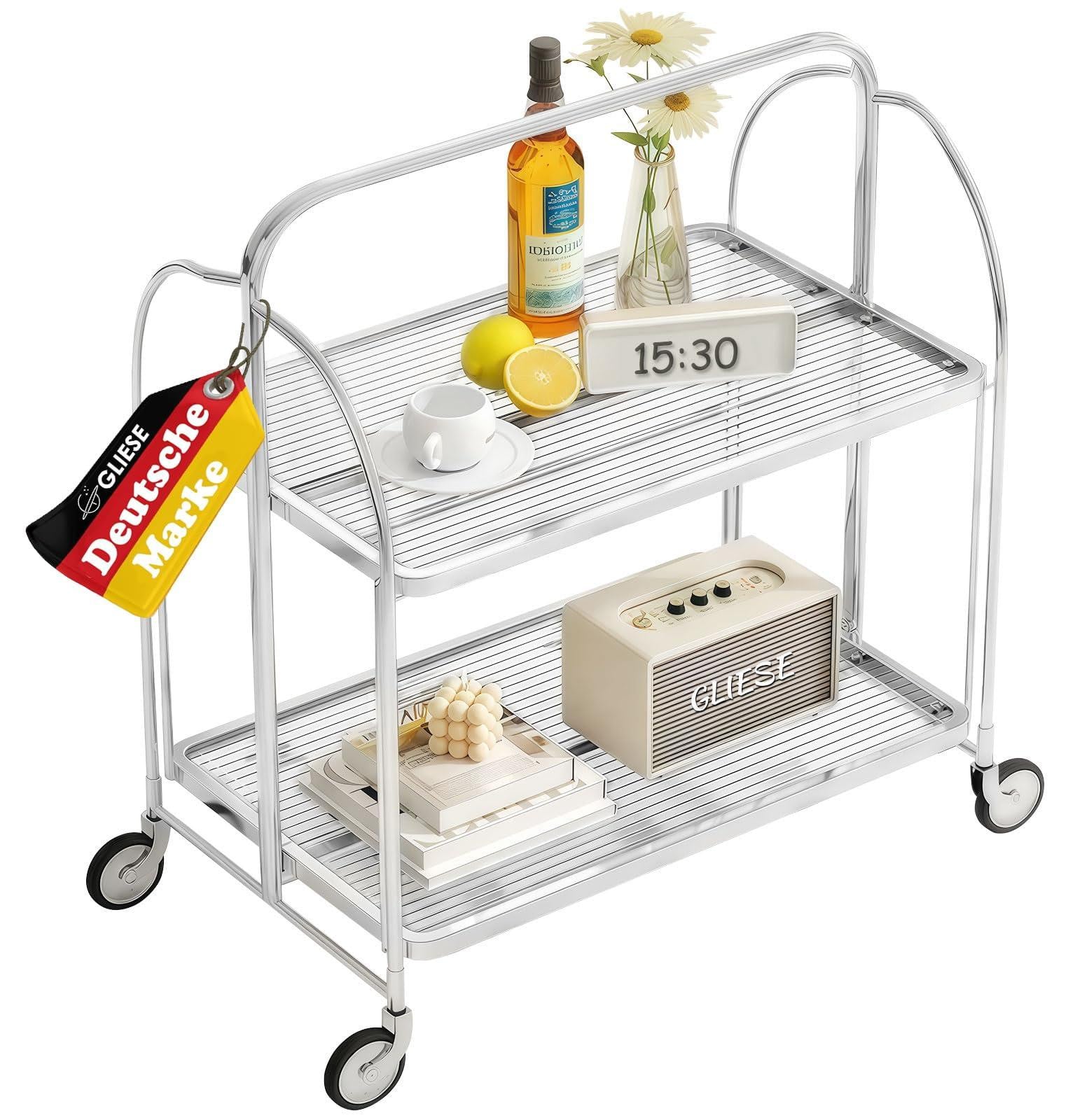 Dripio Opklapbare serveerwagen met 2 etages en zilverkleurig geribbeld glas