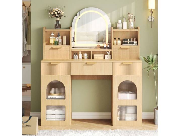 Coiffeuse avec Miroir LED 3 Couleurs en Bois Grande Coiffeuse avec 3 Tiroirs et 2 Porte Vitrée et étagères(Sans Tabouret)