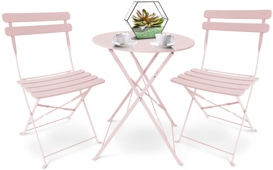 House of Hampton SUNMER 3-Piece Bistro Set with Foldable Table and Chairs Frosty Pink 2
