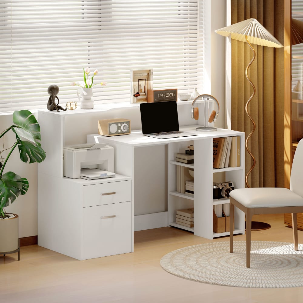Homcom Bureau informatique tiroirs et étagères ouvertes mdf blanc Blanc 137x92x55cm