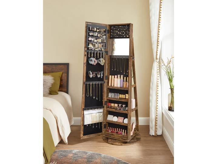 Armoire à bijoux avec miroir à miroir rotative marron