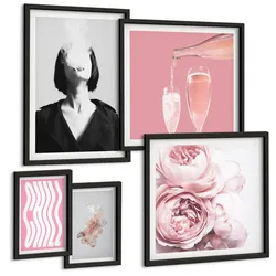 BILDER SET 5er Set - 50x50 cm & 20x30 cm & 40x60 cm Schwarzer Rahmen - Stilvolles Porträt mit Champagner