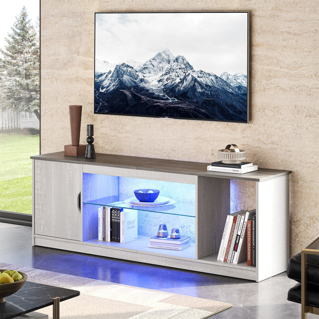 17 Stories 58" Media Console, LED TV Stand for 65 Inch TV, Gaming Entertainment Centre for PS5 with Glass Shelf White Wash 65"