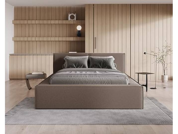 Chilly. Möbel Design Bett Lugano - Polsterbett 180x200 mit Bettkasten, Lattenrost und Kopfteil - Eleganter Bouclé-Stoffbezug Braun