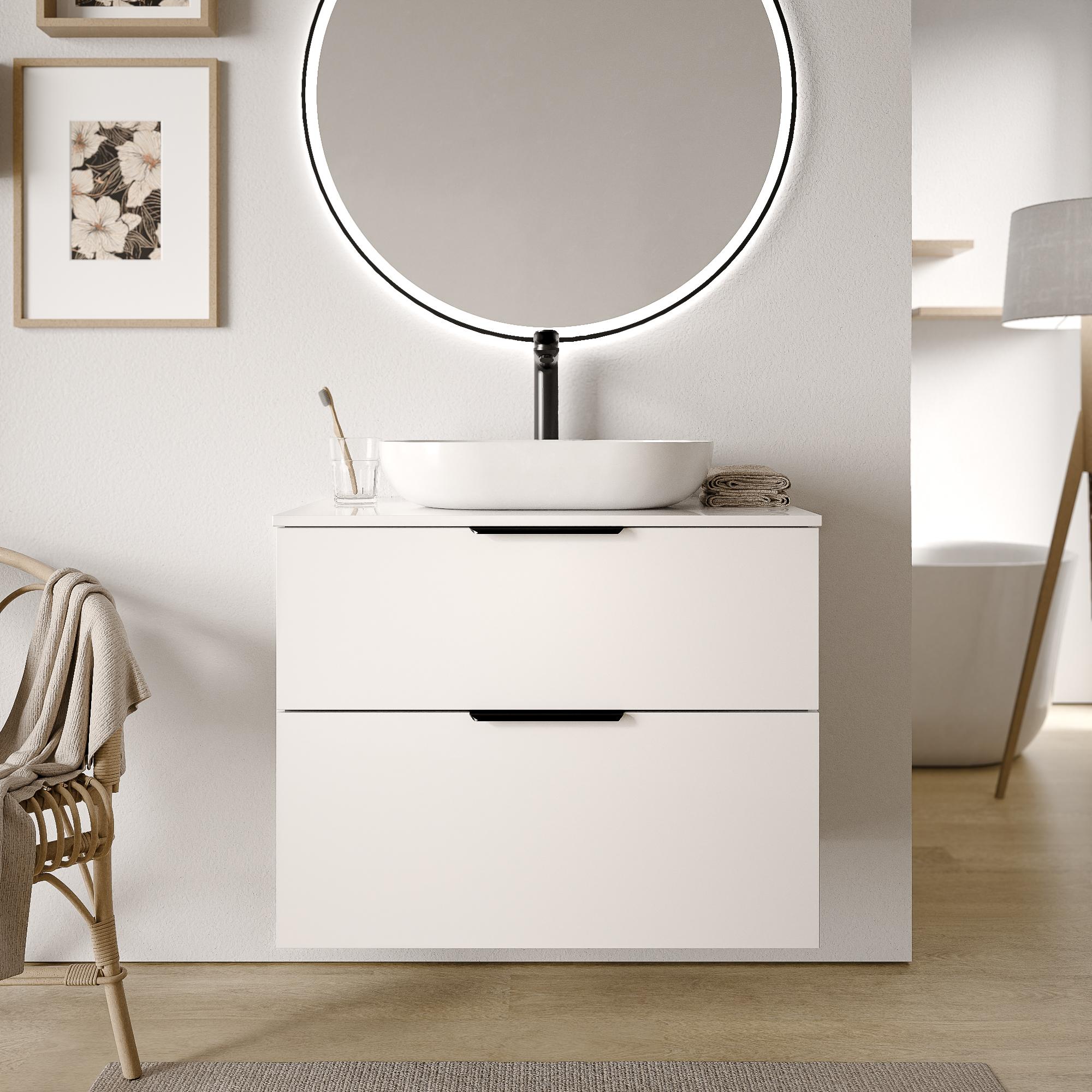Waschtischunterschrank TIM 80 cm für Aufsatzwaschbecken - Farbe wählbar, Waschtischplatte:Weiß glänzend, Farbe Badmöbel:Weiß glänzend, Metallgriff:Schwarz matt