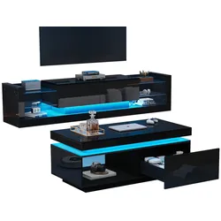 OKWISH TV-Wandschrank-Set, schwarzer TV-Schrank + schwarzer Couchtisch, schwarzer Hochglanz-Wandschrank, Wohnzimmerset, Hochglanz-Set mit LED-Leuchten