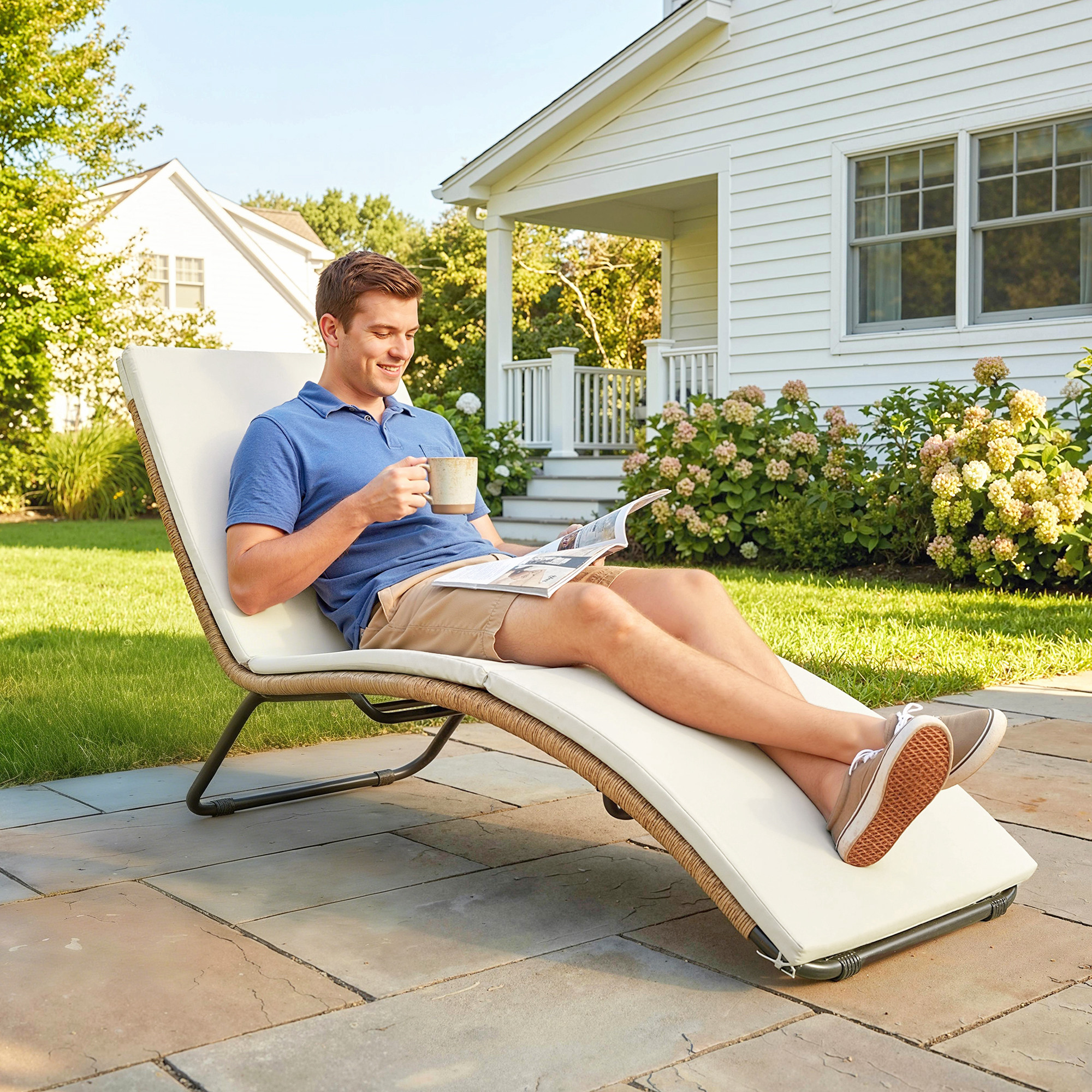 Outsunny Lettino Prendisole in Rattan Forma S con Cuscino, Lettino da Giardino con Struttura in Acciaio, per Patio Spiaggia Piscina Giardino, 175x57x80cm, Crema   Aosom Italy