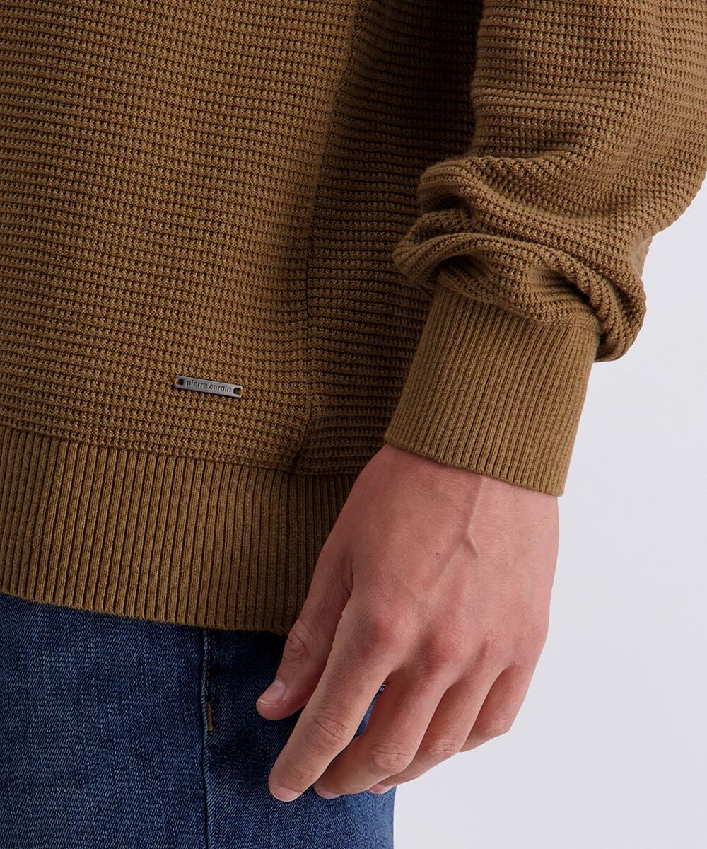 Rundhalspullover PIERRE CARDIN, Herren, Gr. XL, braun (otter), Strick, Obermaterial: 75% Baumwolle, 25% Polyamid, regular fit hüftlang, Rundhals, Pullover Rundhalspullover, mit Waffelstruktur- Muster otter XL