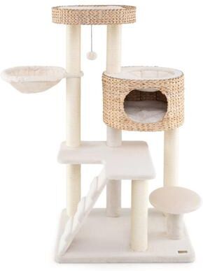 Costway Modern Cat Tree for Indoor Cats with Cattail Fluff Condo and Top Perch-Natural