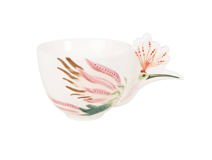 Tasse aus Steingut mit Vogelmotiv, blau, weiß, rosa und grün