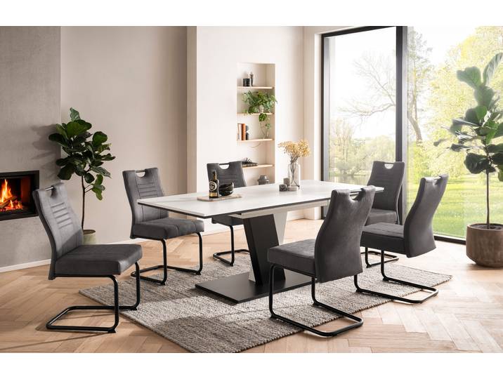 Essgruppe GOODPRODUCT Altona , Esstisch ausziehbar plus 6 Stühle , grau (weiß, anthrazit, anthrazit, schwarz), Microfaser, Synchron-Auszug, Sitzmöbel-Sets, Essgruppe, Säulentisch 140-180x90 cm, Stuhl mit Federkorb, 140 kg belastbar
