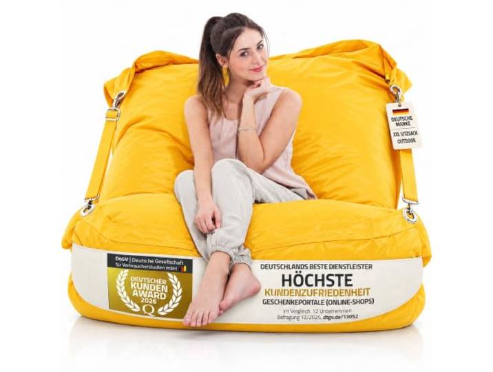 SMOOTHY® Sitzsack XXL Outdoor & Indoor, 450L Riesensitzsack, Sonnengelb Kein Einsinken dank Relax-Gurten, schmutzabweisender 420D-Nylon Bezug waschbar, XXL Sitzsack groß mit Füllung, 185x145cm