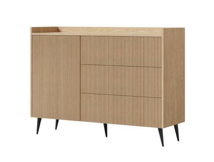 BEAUTY SOFA Kommode AMFALI 126 cm mit 3 Schubladen und 1 Tür, Sideboard mit geriffelten MDF-Fronten, Push-to-Open, Schwarze Metallbeine, Wohnzimmerschrank, Frühlings-Eiche
