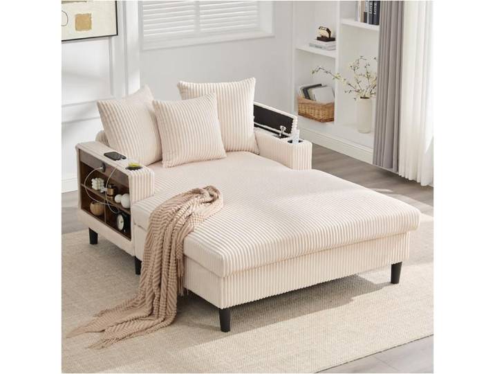 Dripex Canapé en velours côtelé avec chaise longue dotée d'une grande surface d'appui porte-boissons Lumière LED et port USB Beige