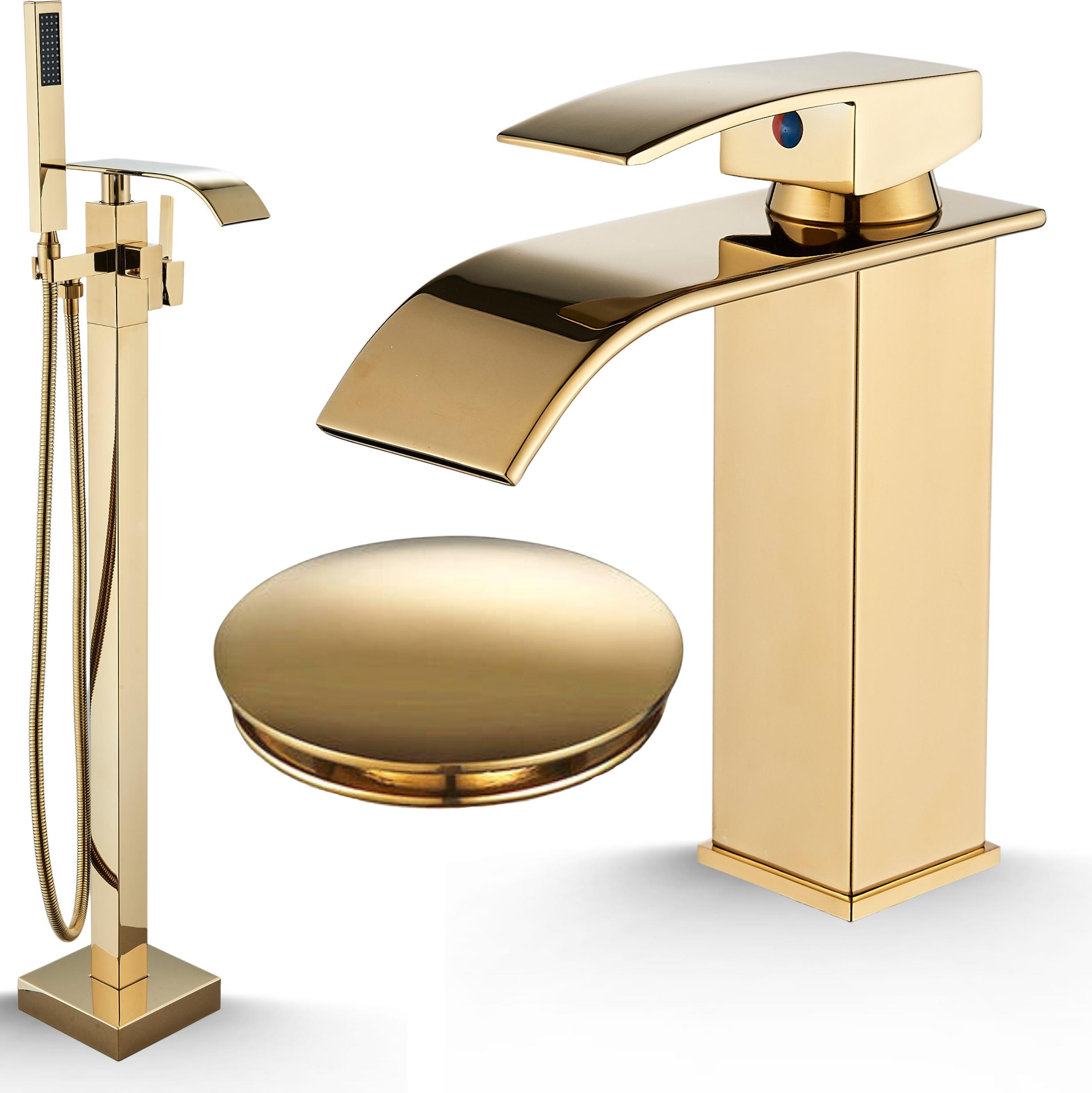 Badewannenarmatur Ari freistehend, 360 Grad schwenkbar, Wasserfall Auslauf, Keramikkartusche, Messing, glänzendes Gold