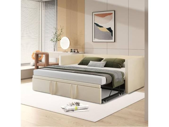 Xanthyl 2-Sitzer-Sofa 90 x 200 cm, Velours, Beige – Schlafbank, ausklappbar, 180 x 200 cm, mit Rollen, modulares Sofa für Wohnzimmer und Gästezimmer