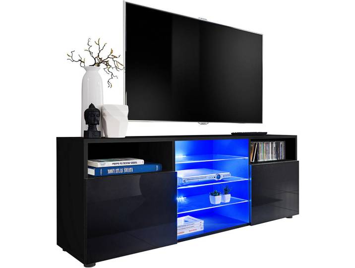 Komodee Sideboard TV Urbino Black, Blau LED Beleuchtung, Schwarz, Schwarz, 5 Fächer, Rechteckig, 140x53x35 cm, Wohnzimmer, TV Möbel, Lowboards, Lowboards stehend