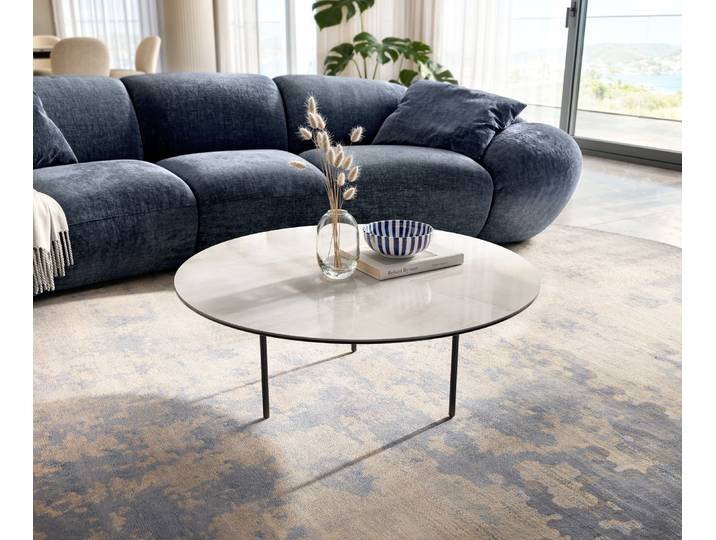 DELIFE Couchtisch Edge Rund 90x90 cm Keramik Onyx Champagne Trive Metall Schwarz, Couchtische