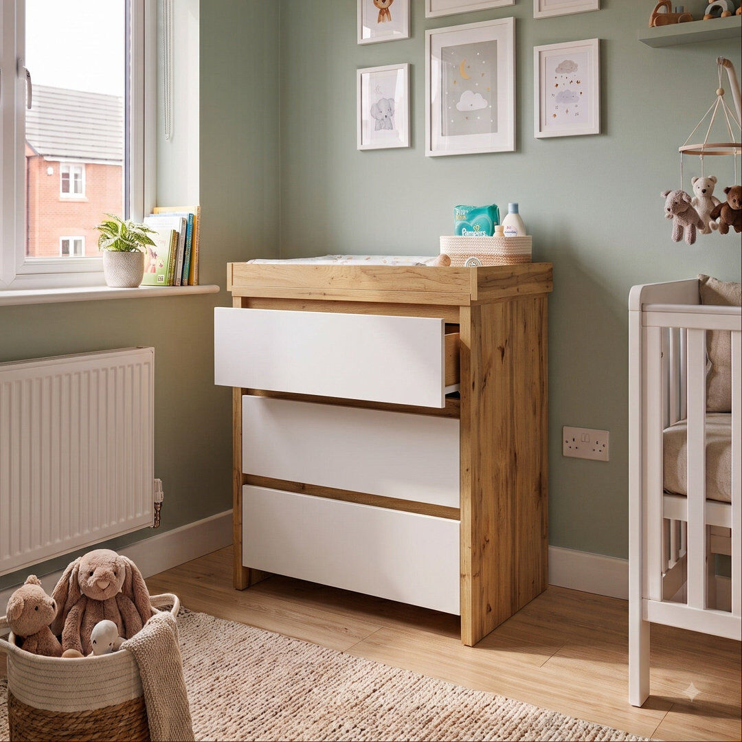 Isabelle & Max 3-Drawer Baby Changing Table with Raised Changing Top Cremona Oak/White 92cm H X 80cm W X 50cm D