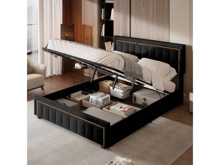 Lit coffre 140x200 cm - velours noir lit adulte capitonné moderne