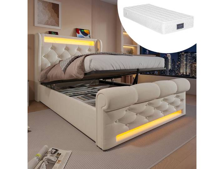 Lit coffre - YEHTOKHOME - 90x200 - Matelas inclus - LED multicolore - Coffre hydraulique - USB Type‑C