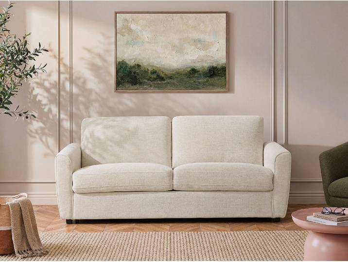 3-Sitzer Schlafsofa mit Express-Bettfunktion aus Chenille-Stoff in Beige - Liegefläche 140 cm - Matratze 12 cm SCOTIMI