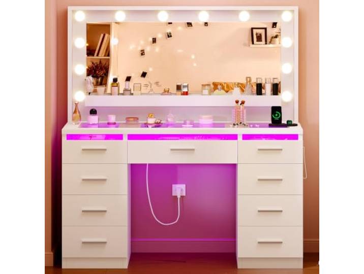 TEENFON Schminktisch mit großem LED-Spiegel, Schminktisch mit Glasplatte, RGB-Licht, 9 Schubladen, hängenden Regalen, 2 Steckdosen – dimmbare 3-Farben-Beleuchtung, Weiß