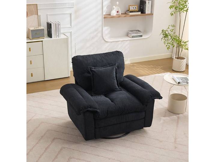 Fauteuil pivotant oversize - Chenille noir - Rotation 360° - Coussin mousse & ressorts - Pied métal 136 kg