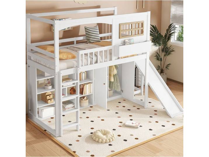 MEULVA Lit superposé enfant 90x200 cm avec toboggan armoire étagères échelle 4 marches blanc